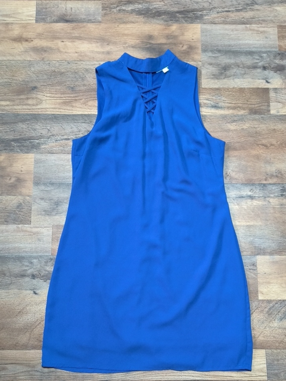 She + Sky Cobalt Sleeveless Shift Dress with Lattice V-Neck